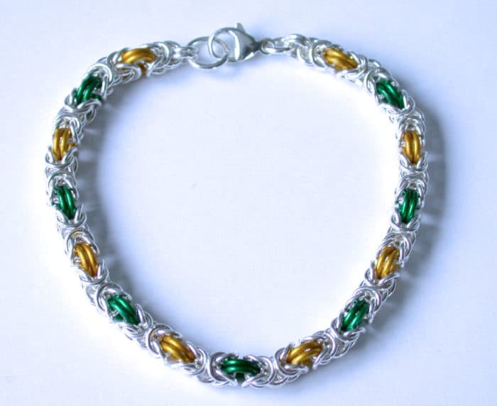 Green Bay Packers Green and Gold Byzantine Weave Bracelet in Argentium Silver and brightly colored enamel