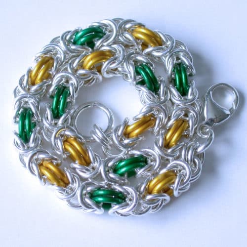 Green Bay Packers Green and Gold Byzantine Weave Bracelet in Argentium Silver and brightly colored enamel