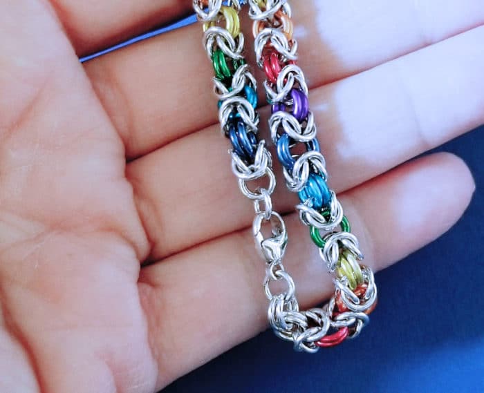 Rainbow Byzantine Chain Maille Bracelet in Argentium® Silver & Colorful Enamel